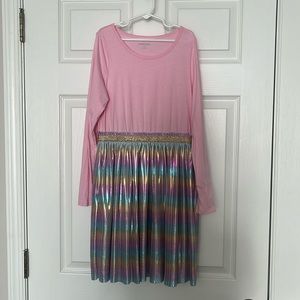 Long sleeve dress. Pink with rainbow “metallic“ pleated skirt.